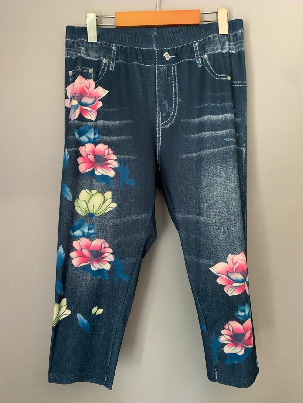 Women's Floral Print Dark Blue Capri Jeans Look Leggings 2XL
